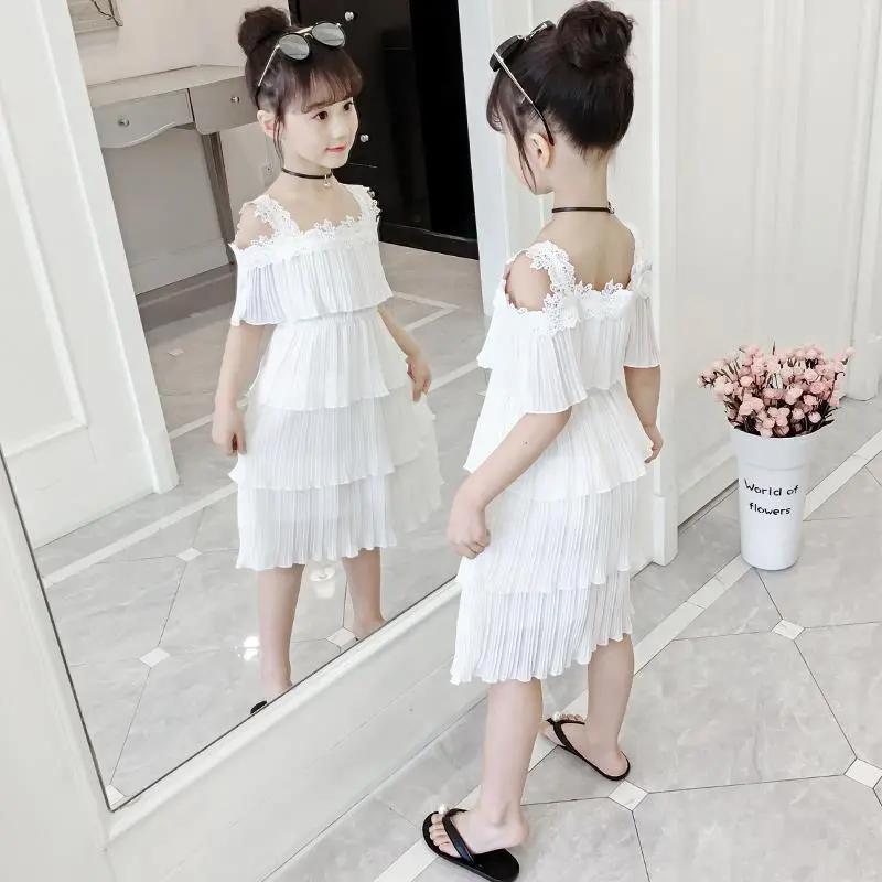 Mädchen Sommer Shorts Anzug Koreanischen Stil Sommer Kinder Hosenträger Eine Schulter Chiffon Zwei Stück Set Plissee Mesh Einfarbig Zwei-stück Anzug 130 weiß von Joom DACH