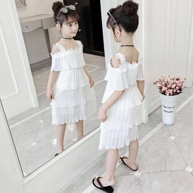 Mädchen Sommer Shorts Anzug Koreanischen Stil Sommer Kinder Hosenträger Eine Schulter Chiffon Zwei Stück Set Plissee Mesh Einfarbig Zwei-stück Anzug 130 weiß von Joom DACH