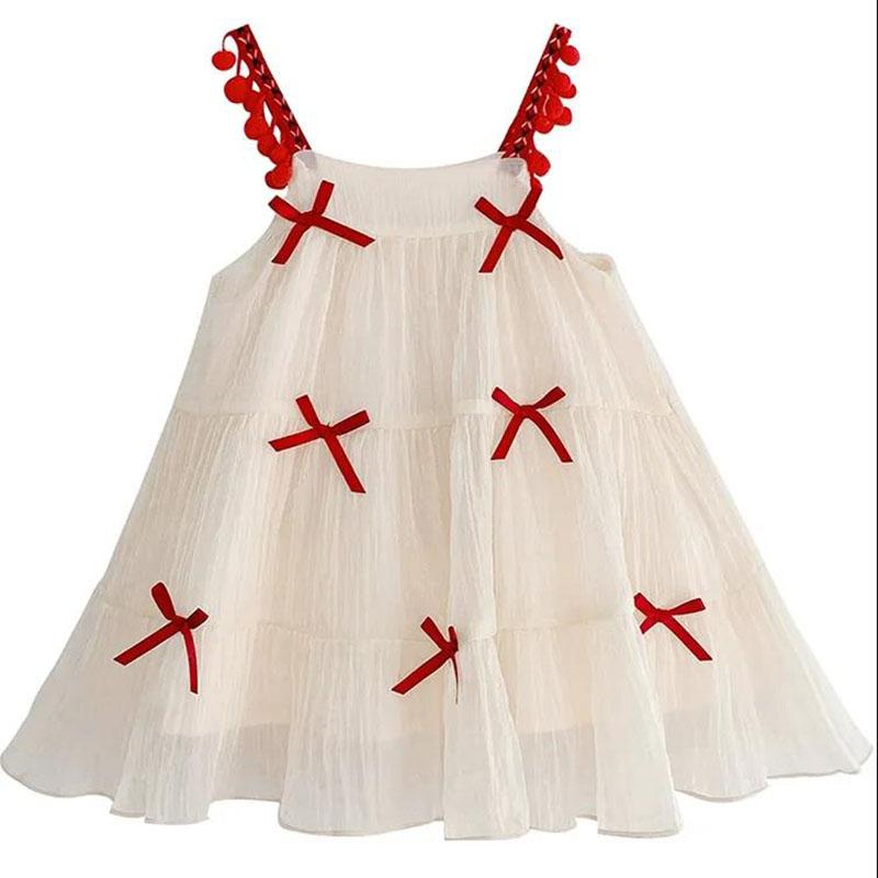 Mädchen Sommerkleid Sling Kleid Mädchen Baby Süßer Prinzessinnenrock Kleines Mädchen Kinder Feenrock Rote Schleife A-Linienrock Netzrock 120 von Joom DACH