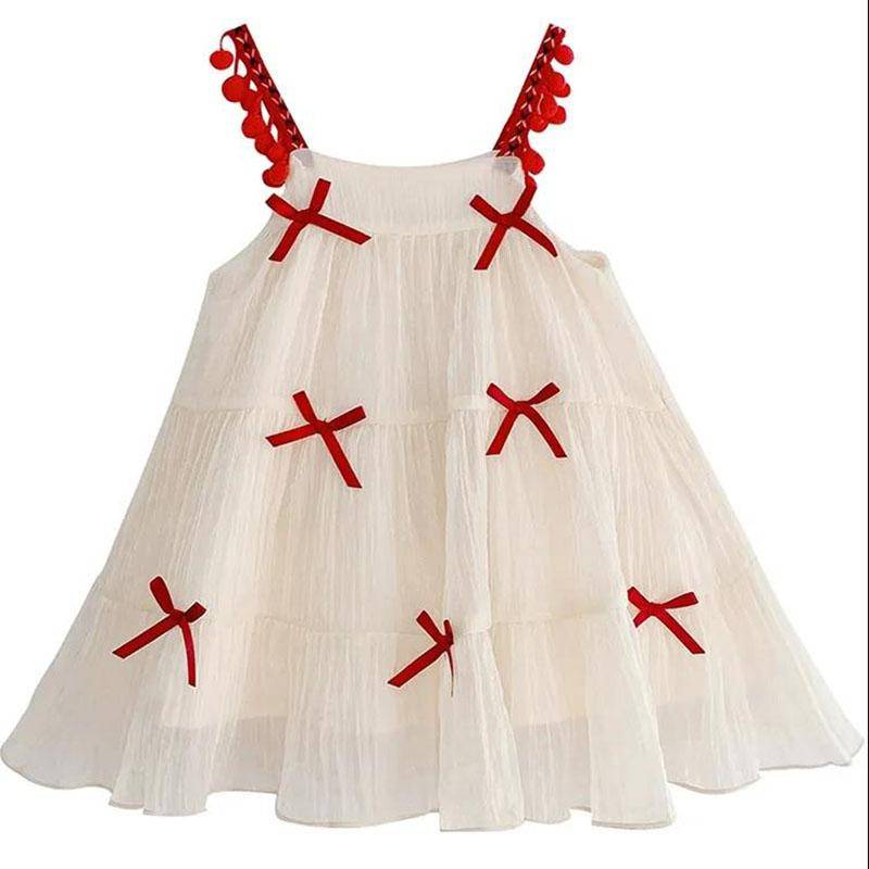 Mädchen Sommerkleid Sling Kleid Mädchen Baby Süßer Prinzessinnenrock Kleines Mädchen Kinder Feenrock Rote Schleife A-Linienrock Netzrock 120 von Joom DACH