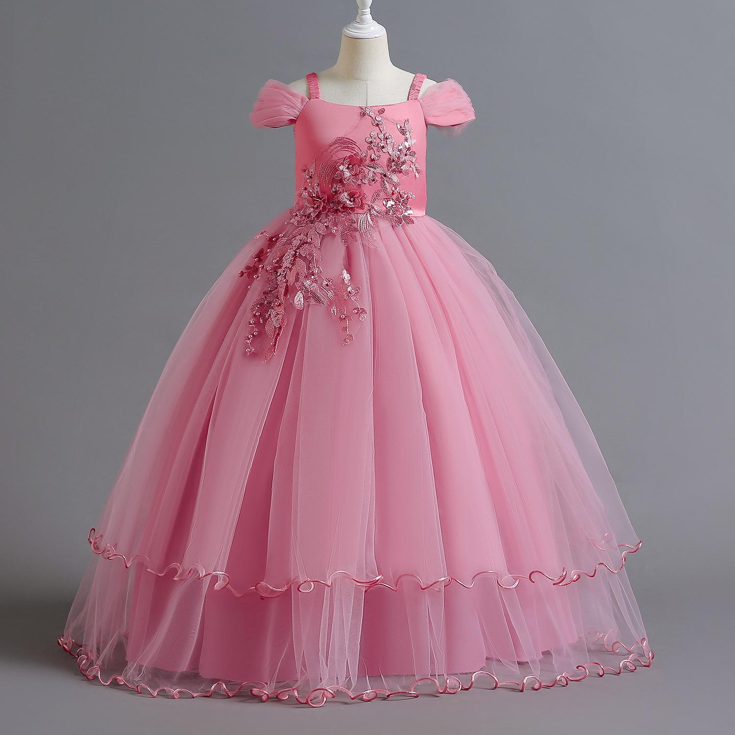 Mädchen Sommerkleid Stickerei Brautjungfer Prinzessin Kleid Kinder für Mädchen Kinder Party Hochzeitskleid 160cm rosa von Joom DACH