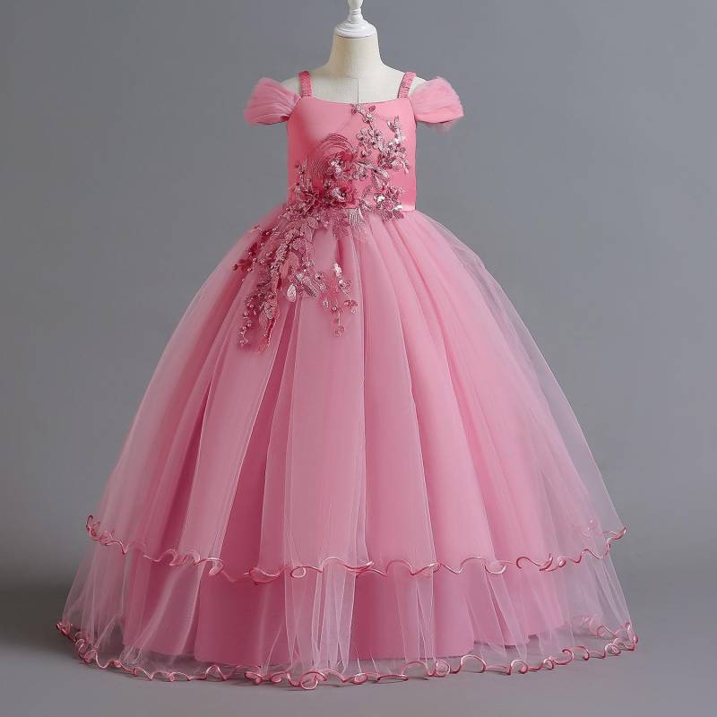 Mädchen Sommerkleid Stickerei Brautjungfer Prinzessin Kleid Kinder für Mädchen Kinder Party Hochzeitskleid 160cm rosa von Joom DACH