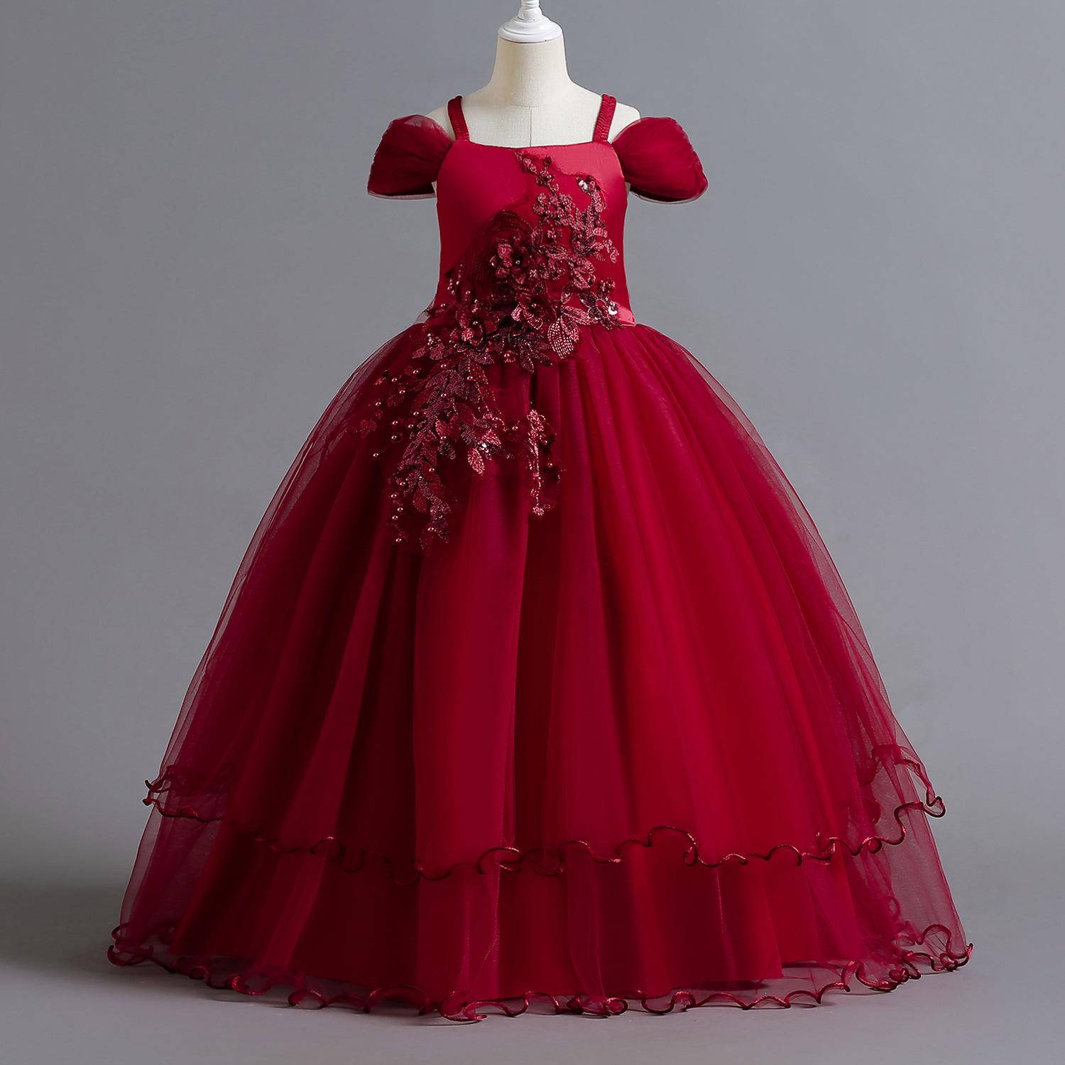 Mädchen Sommerkleid Stickerei Brautjungfer Prinzessin Kleid Kinder für Mädchen Kinder Party Hochzeitskleid 170cm rot von Joom DACH