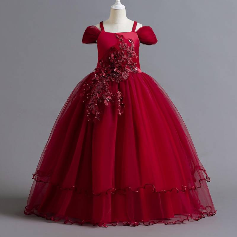 Mädchen Sommerkleid Stickerei Brautjungfer Prinzessin Kleid Kinder für Mädchen Kinder Party Hochzeitskleid 170cm rot von Joom DACH