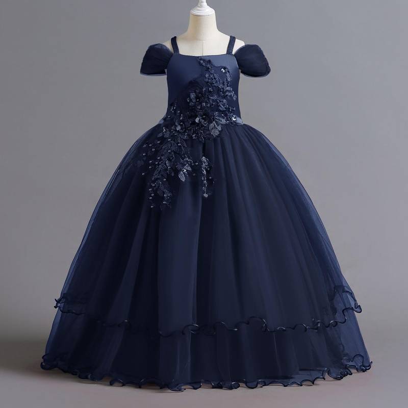 Mädchen Sommerkleid Stickerei Brautjungfer Prinzessin Kleid Kinder für Mädchen Kinder Party Hochzeitskleid 170cm navy blau von Joom DACH