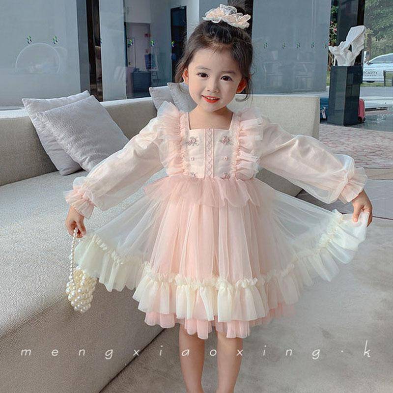 Mädchen Stickerei Kleid Kinder süße Puffrock Mesh Prinzessin Kleid Baby Mädchen Frühling Kleid Langarm Spitze rosa Kleid 90 von Joom DACH