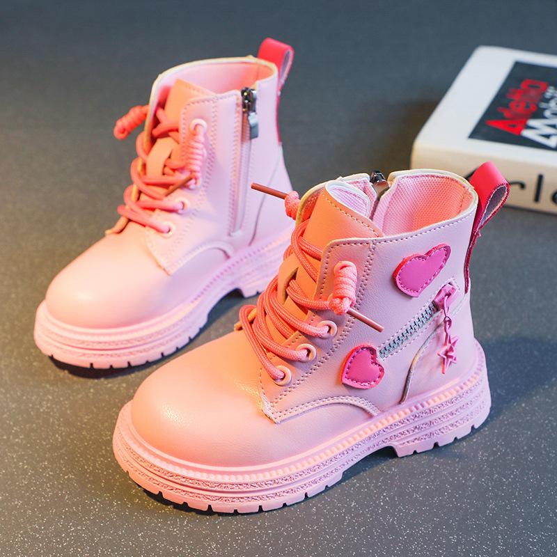 Mädchen Stiefel Kinder Mode Gummi Stiefel Cool Girl Frühling Herbst Winter Baumwolle Weiche Sohle Rosa Liebe Seite Prinzessin Runde Kappe PU 27 rosa von Joom DACH