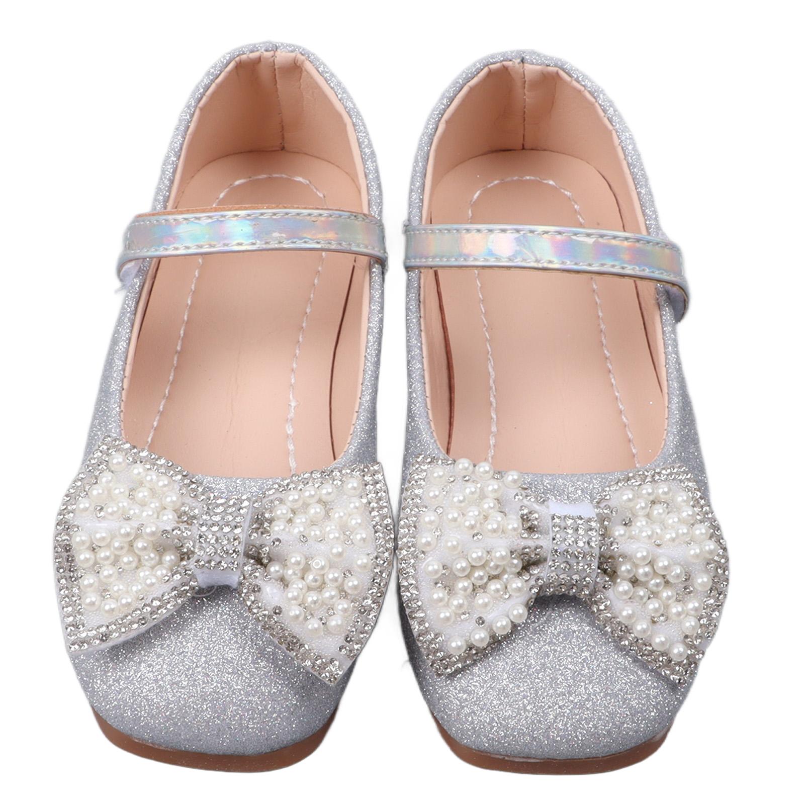Mädchen Strass Kunstperle Schleife Dekor Kleiderschuhe Kind Modisch Elegant PU Leder Glitzer Flach 28 silber von Joom DACH