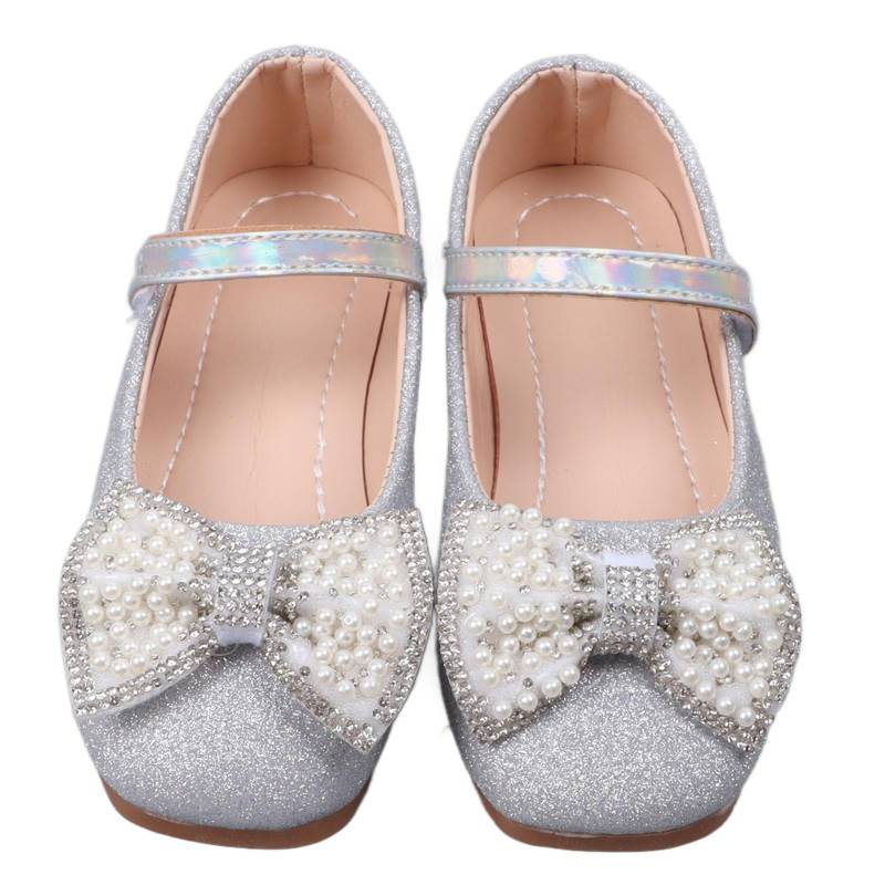 Mädchen Strass Kunstperle Schleife Dekor Kleiderschuhe Kind Modisch Elegant PU Leder Glitzer Flach 28 silber von Joom DACH
