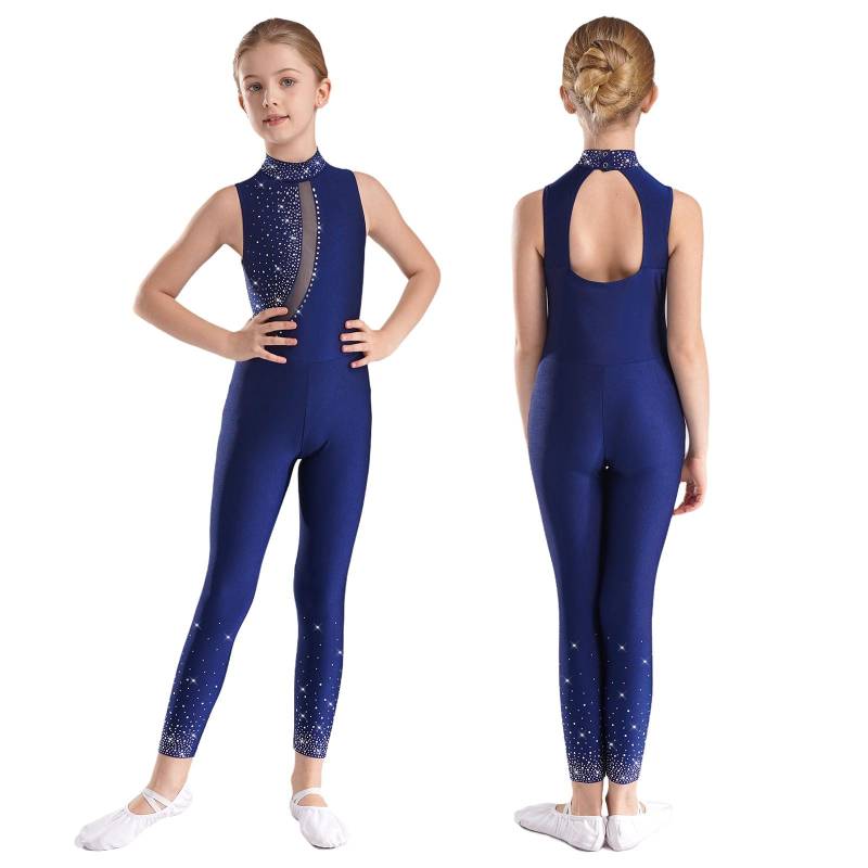 Mädchen Strass Mesh Jumpsuit Stehkragen Ärmellos Ausschnitt Rücken Body für Eiskunstlauf Gymnastik Aufführung 5-6 Years navy blau von Joom DACH