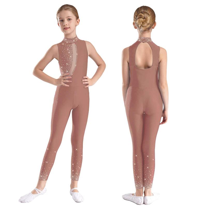 Mädchen Strass Mesh Jumpsuit Stehkragen Ärmellos Ausschnitt Rücken Body für Eiskunstlauf Gymnastik Aufführung 7-8 Years braun von Joom DACH