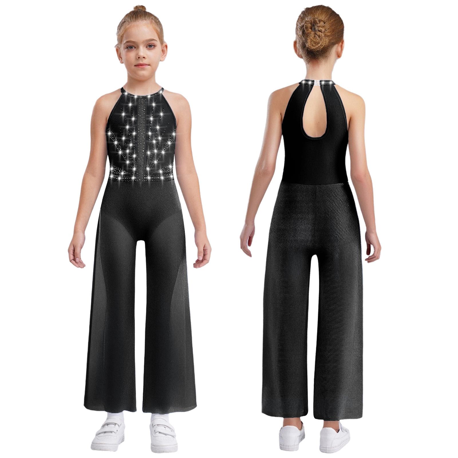 Mädchen Strass Tanzbody - Schimmernder ärmelloser Jumpsuit mit Schlüssellochausschnitt am Rücken & Seitenschlitzen, Eingebauter Slip für Auftritte 7-8 Years schwarz von Joom DACH