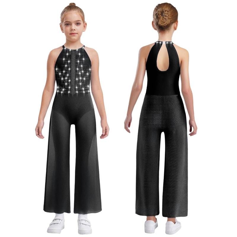 Mädchen Strass Tanzbody - Schimmernder ärmelloser Jumpsuit mit Schlüssellochausschnitt am Rücken & Seitenschlitzen, Eingebauter Slip für Auftritte 7-8 Years schwarz von Joom DACH