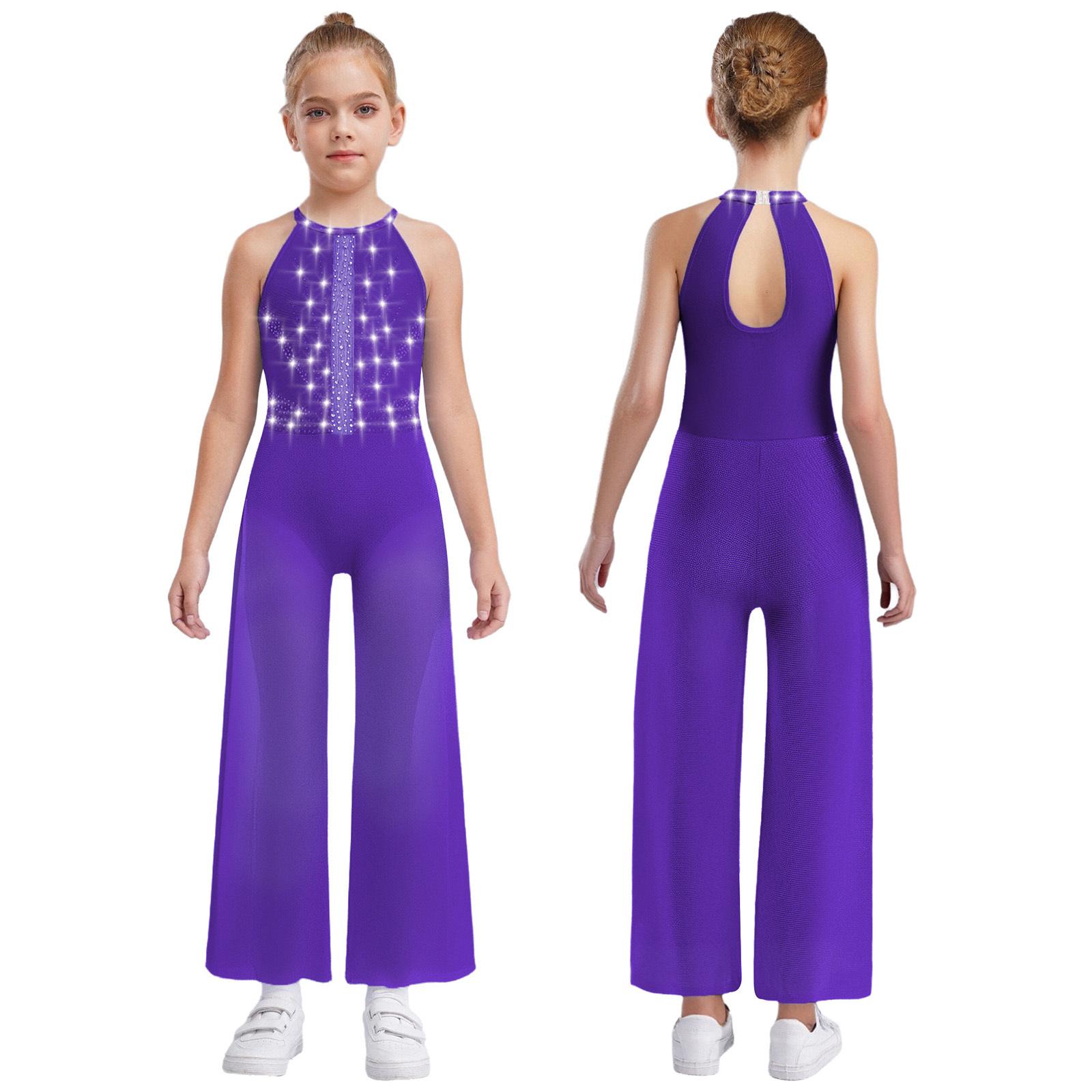 Mädchen Strass Tanzbody - Schimmernder ärmelloser Jumpsuit mit Schlüssellochausschnitt am Rücken & Seitenschlitzen, Eingebauter Slip für Auftritte 7-8 Years violett von Joom DACH