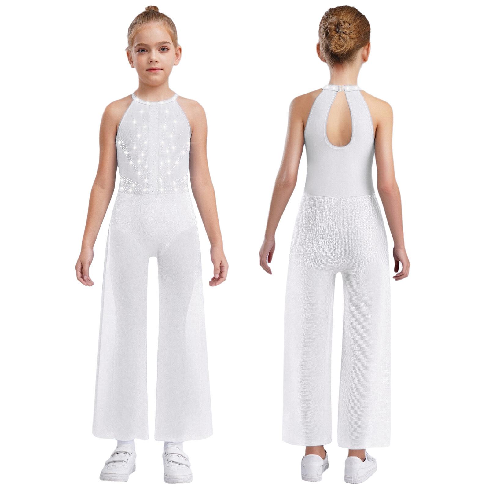 Mädchen Strass Tanzbody - Schimmernder ärmelloser Jumpsuit mit Schlüssellochausschnitt am Rücken & Seitenschlitzen, Eingebauter Slip für Auftritte 7-8 Years weiß von Joom DACH