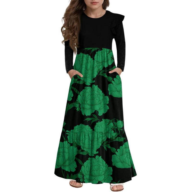 Mädchen Stufenkleid mit Rüschen - Langärmeliges bedrucktes Maxi mit Taschen 150 grün von Joom DACH