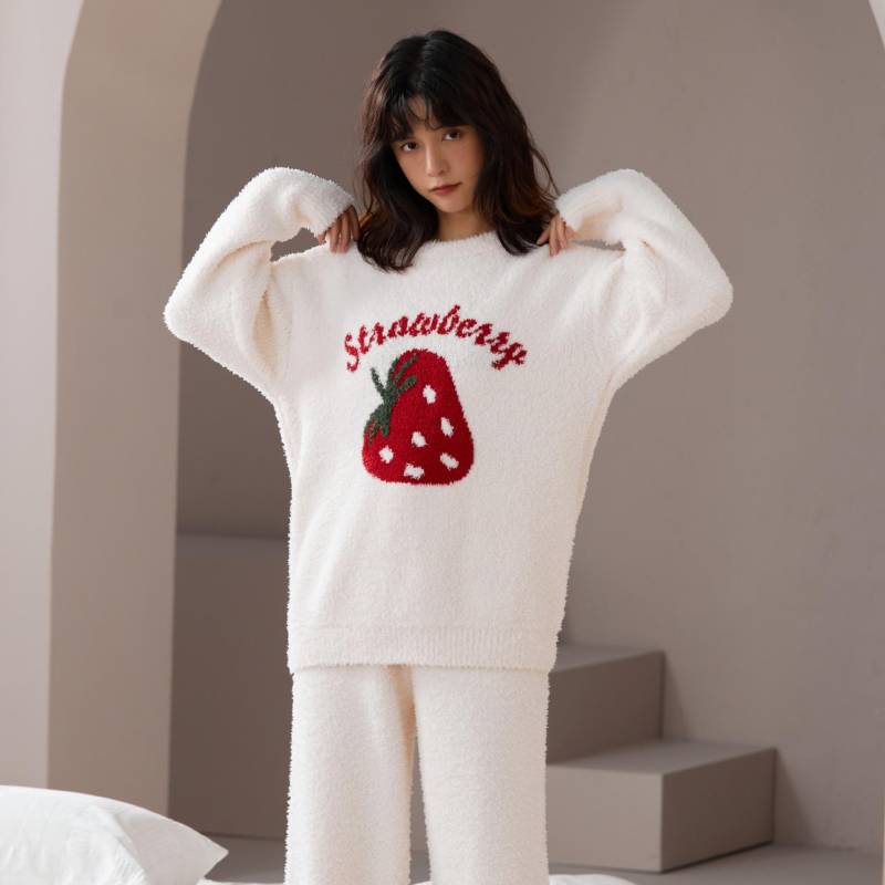 Mädchen Süße Erdbeere Nachtwäsche Halbfleece 2-teiliger Pyjama-Anzug Hauskleidung Herbst Winter Verdickt Warm Nachtwäsche Lässig Homewear One Size weiß von Joom DACH