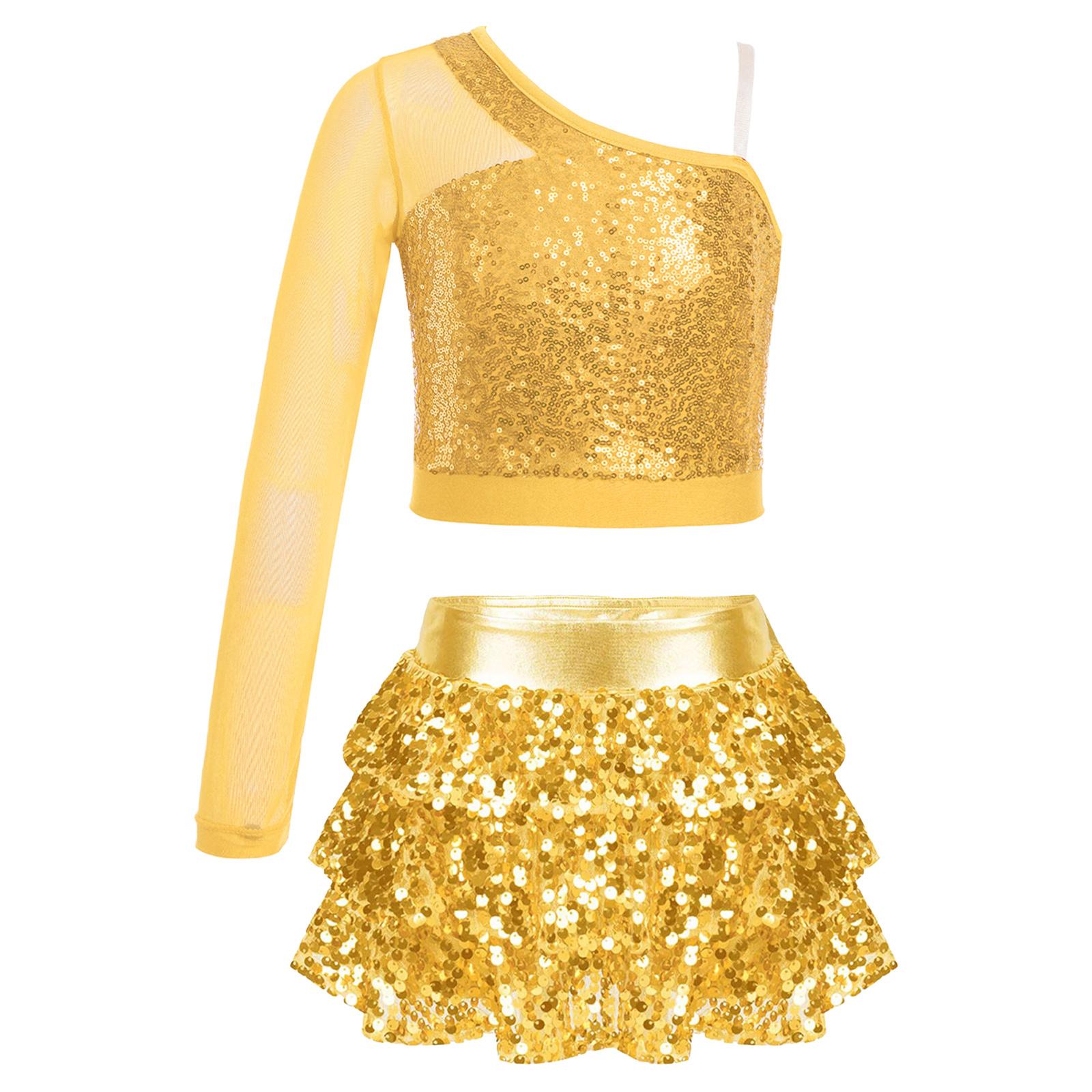 Mädchen Tanz-Performance-Set Pailletten-Mesh-Top Einärmlig Langarm Crop & Stufen-Rüschen-Culotte-Shorts 13-14 Years gold von Joom DACH
