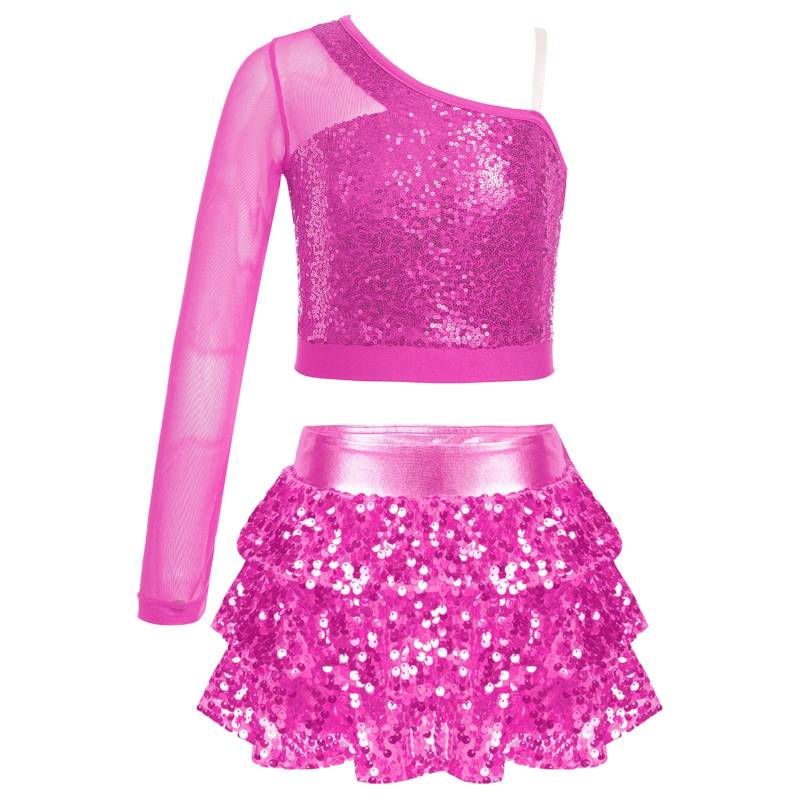 Mädchen Tanz-Performance-Set Pailletten-Mesh-Top Einärmlig Langarm Crop & Stufen-Rüschen-Culotte-Shorts 5-6 Years heißes rosa von Joom DACH