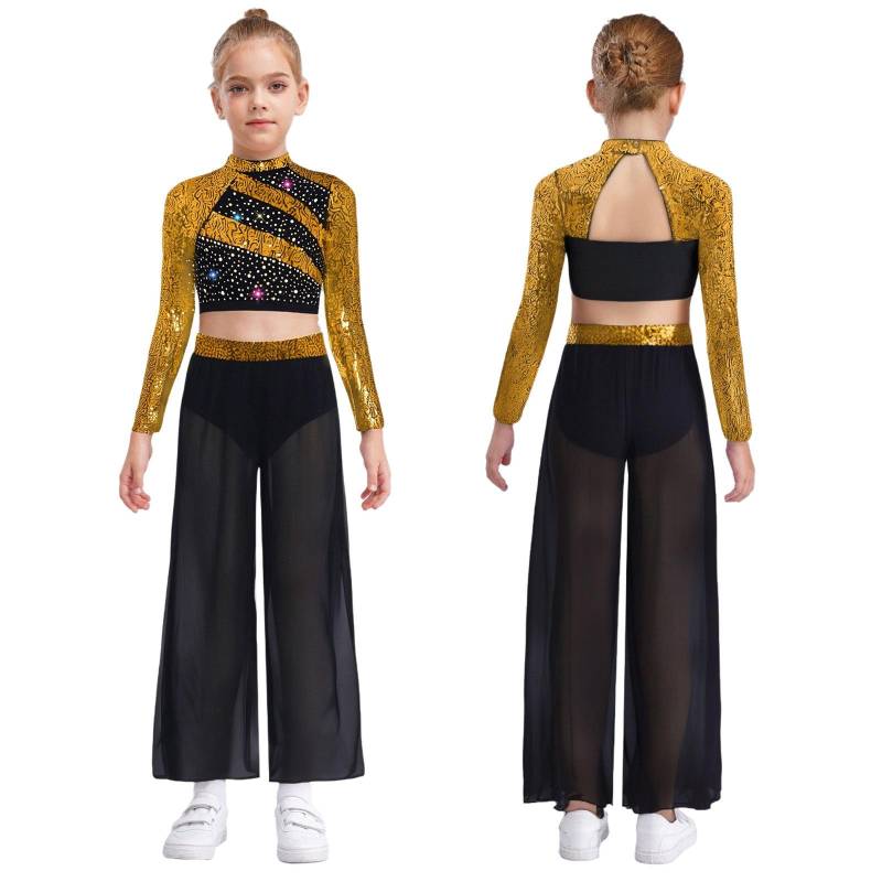 Mädchen Tanz zweiteiliges Set Stehkragen Langarm Pailletten Ausschnitt Rücken Crop Top mit Chiffonhose 9-10 Years von Joom DACH
