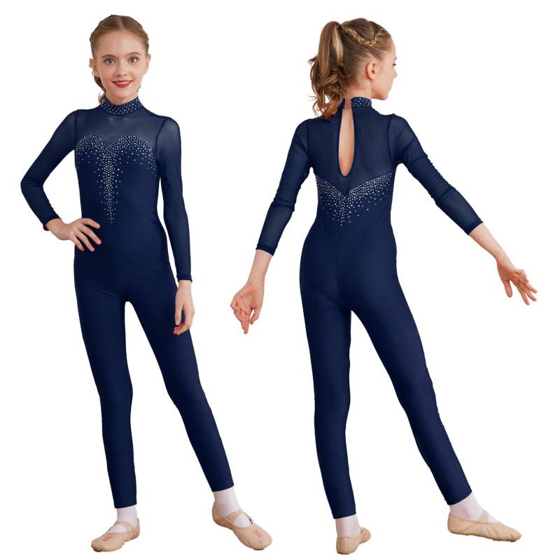 Mädchen-Tanzanzug mit langen Ärmeln, Skating-Overall, einteiliger Body, dehnbarer Gymnastikanzug 11-12 Years navy blau von Joom DACH