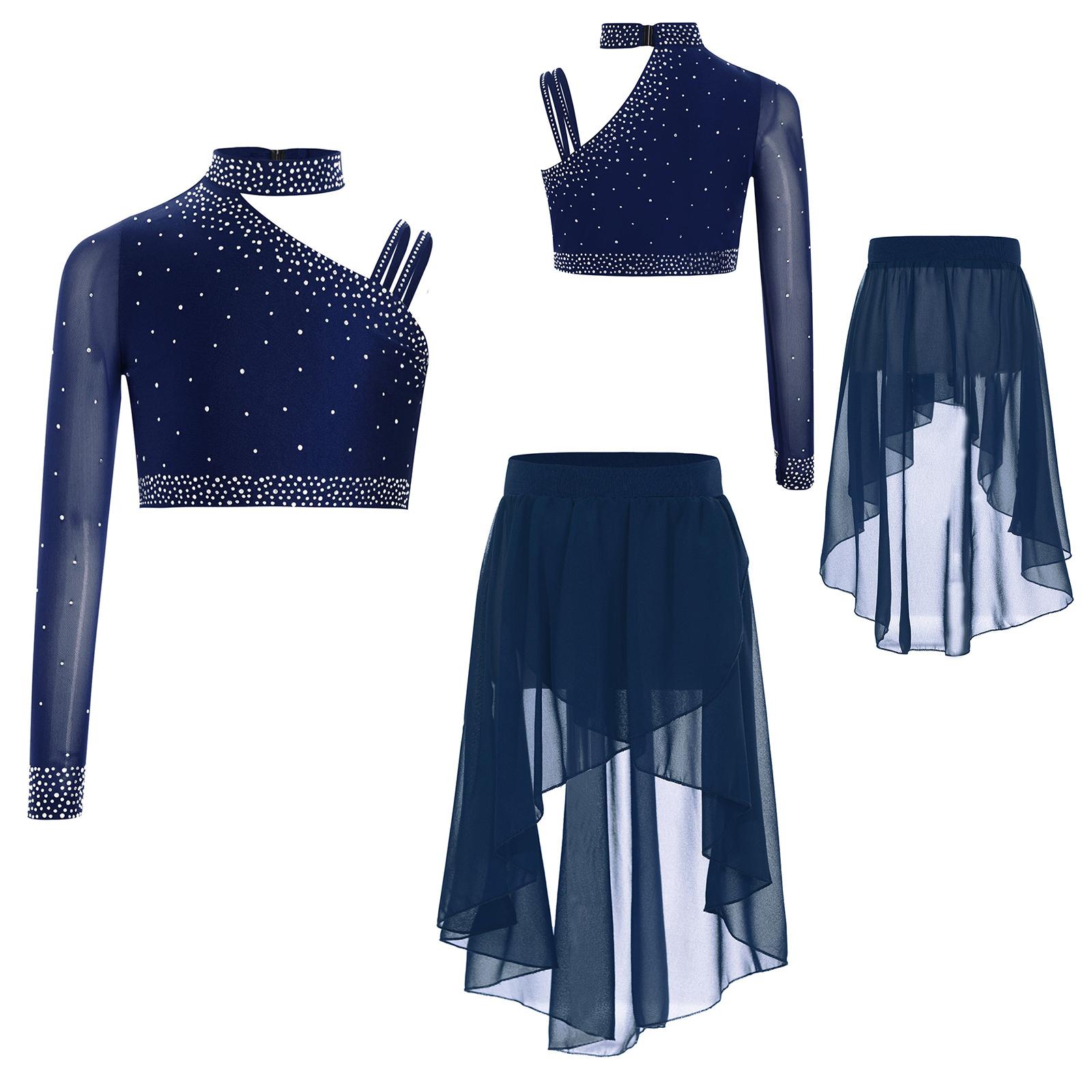 Mädchen Tanzkostüm Set Glitzernde Strasssteine Crop Top mit High-Low Chiffonrock 11-12 Years navy blau von Joom DACH