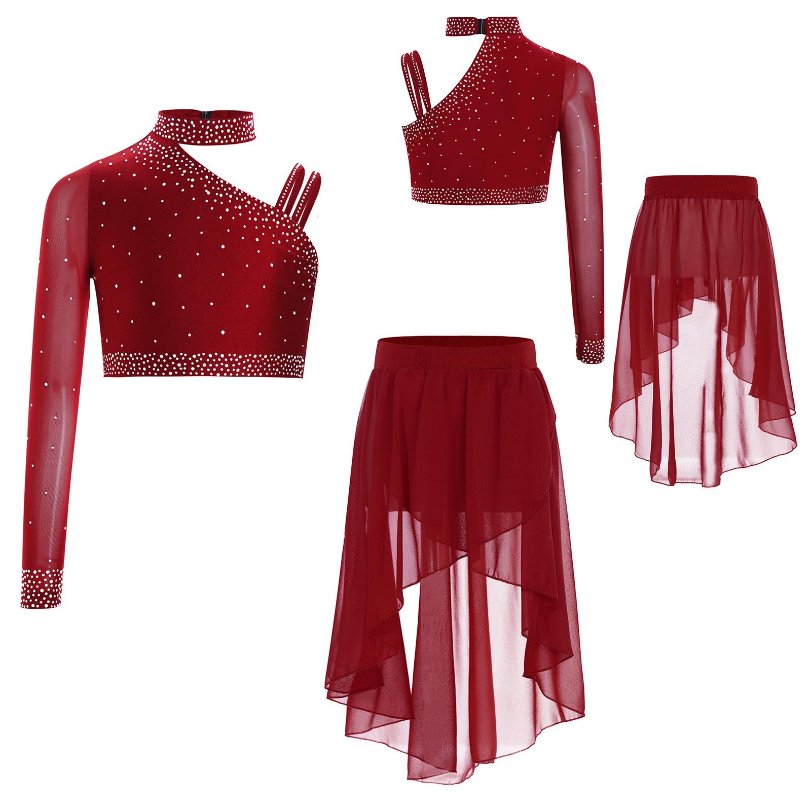 Mädchen Tanzkostüm Set Glitzernde Strasssteine Crop Top mit High-Low Chiffonrock 7-8 Years weiß von Joom DACH