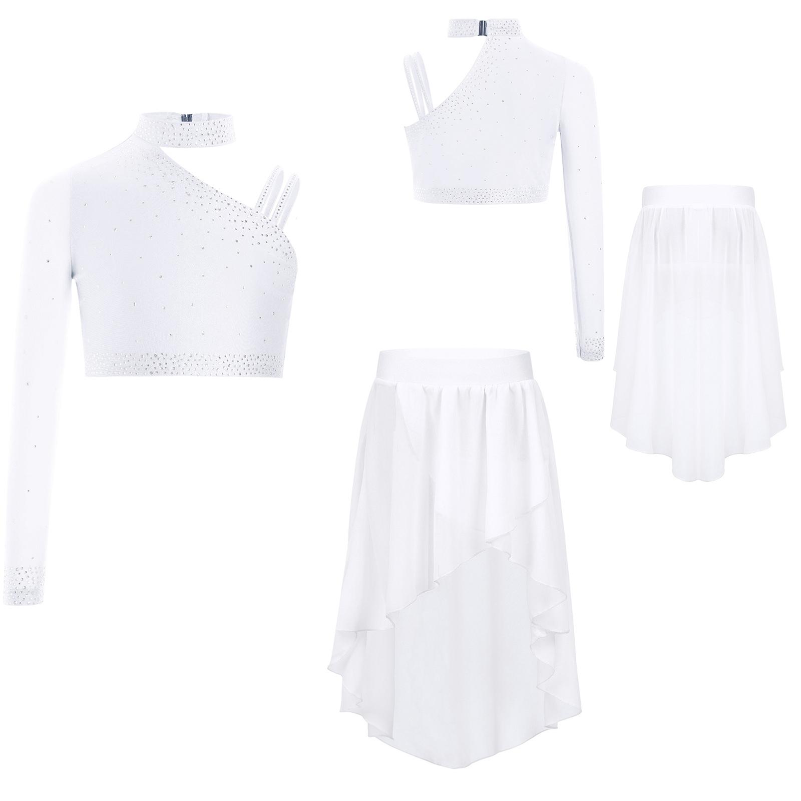 Mädchen Tanzkostüm Set Glitzernde Strasssteine Crop Top mit High-Low Chiffonrock 7-8 Years weiß von Joom DACH