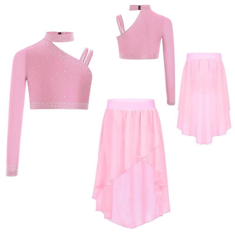 Mädchen Tanzkostüm Set Glitzernde Strasssteine Crop Top mit High-Low Chiffonrock 9-10 Years rosa von Joom DACH