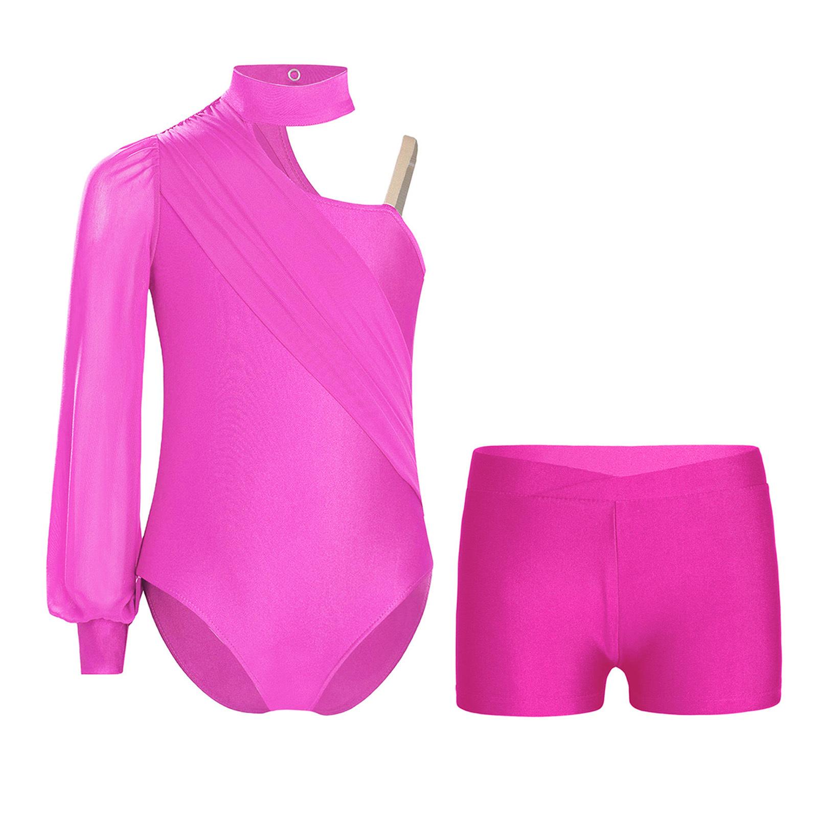 Mädchen Tanzoutfit Ein Schulter Langarm Gerafftes Mesh Trikot mit V-Ausschnitt Shorts für Eiskunstlauf Gymnastik 13-14 Years von Joom DACH