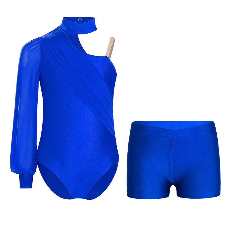Mädchen Tanzoutfit Ein Schulter Langarm Gerafftes Mesh Trikot mit V-Ausschnitt Shorts für Eiskunstlauf Gymnastik 7-8 Years blau von Joom DACH