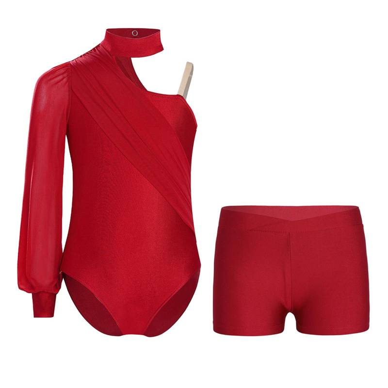 Mädchen Tanzoutfit Ein Schulter Langarm Gerafftes Mesh Trikot mit V-Ausschnitt Shorts für Eiskunstlauf Gymnastik 7-8 Years bordeaux von Joom DACH
