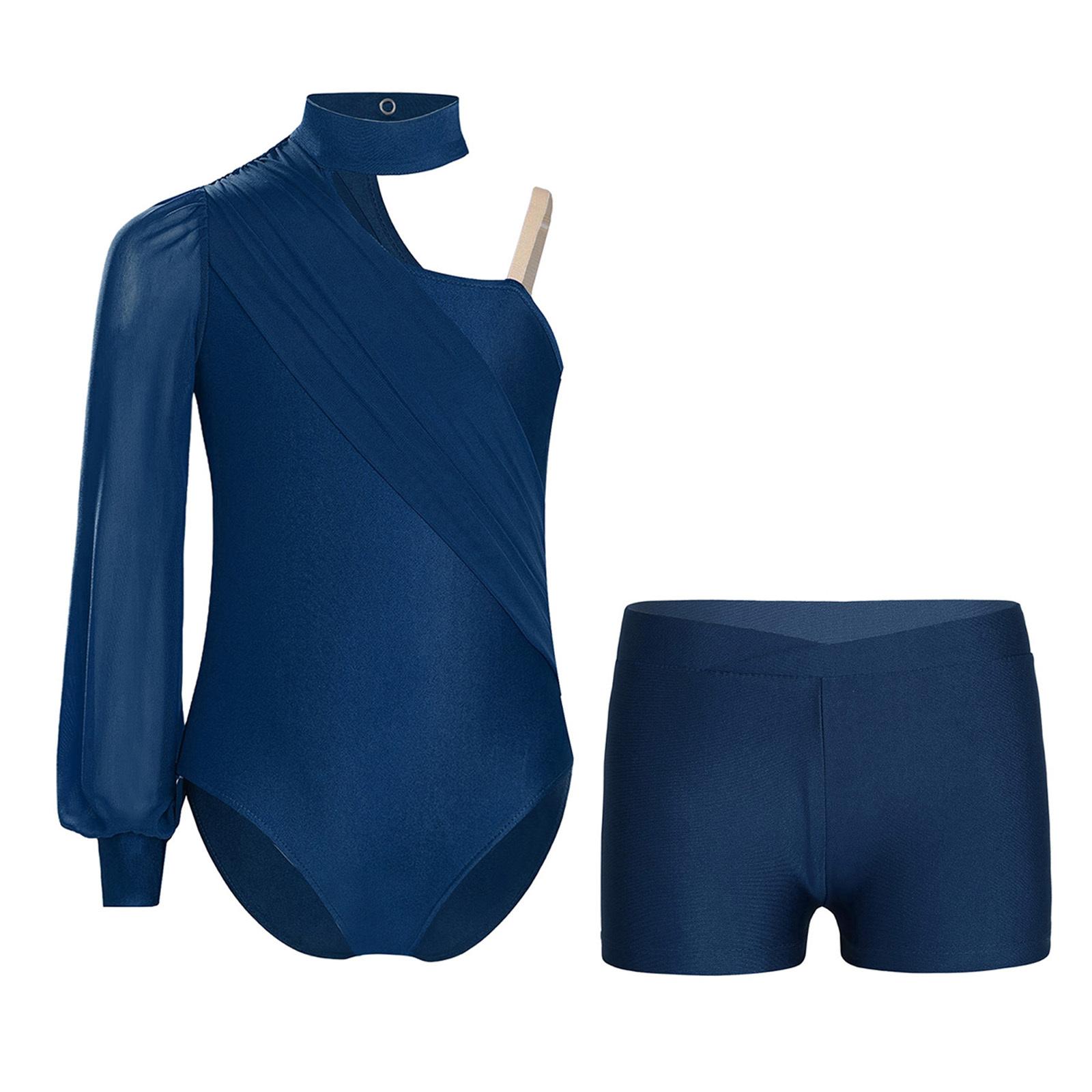 Mädchen Tanzoutfit Ein Schulter Langarm Gerafftes Mesh Trikot mit V-Ausschnitt Shorts für Eiskunstlauf Gymnastik 13-14 Years navy blau von Joom DACH