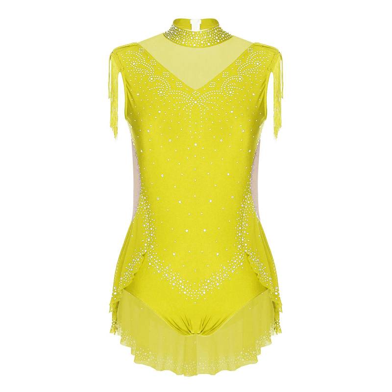 Mädchen Turnanzug mit Rock, Stehkragen und unsichtbarem Reißverschluss hinten für Tanzwettbewerbe 5-6 Years fluoreszierende gelbe von Joom DACH