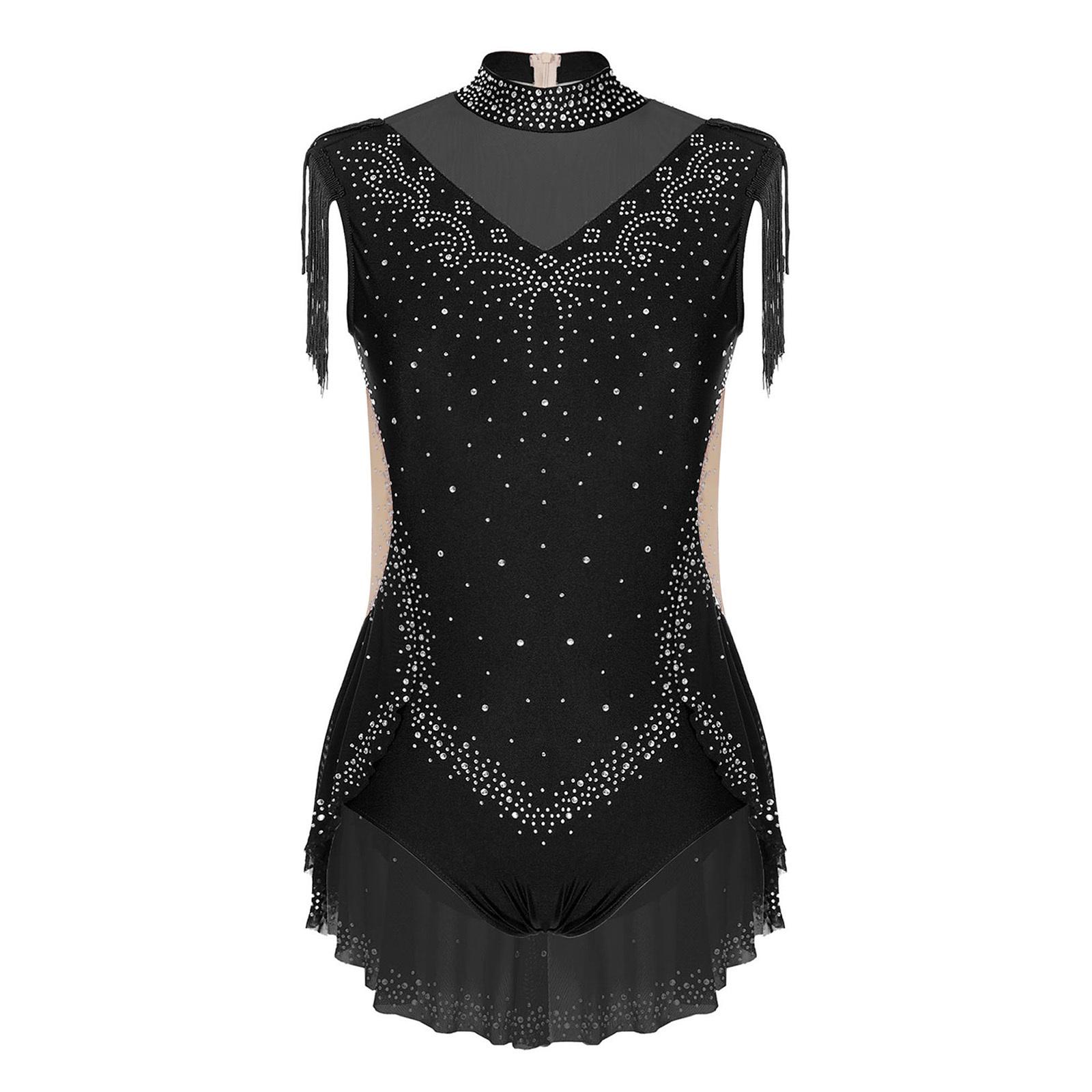 Mädchen Turnanzug mit Rock, Stehkragen und unsichtbarem Reißverschluss hinten für Tanzwettbewerbe 5-6 Years schwarz von Joom DACH