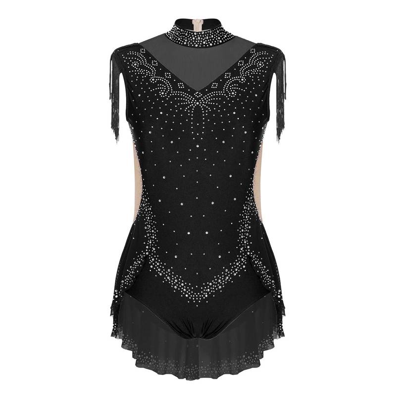 Mädchen Turnanzug mit Rock, Stehkragen und unsichtbarem Reißverschluss hinten für Tanzwettbewerbe 5-6 Years schwarz von Joom DACH