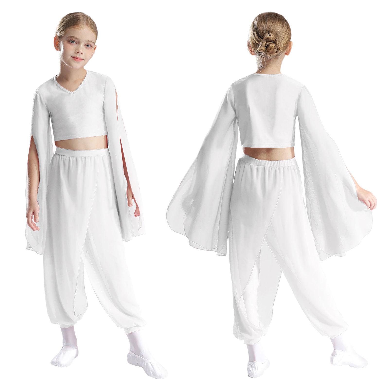Mädchen V-Ausschnitt Crop Top mit Schlitz und ausgestellten Ärmeln Tanzoutfit mit Hose für klassische Aufführungspraxis 9-10 Years weiß von Joom DACH