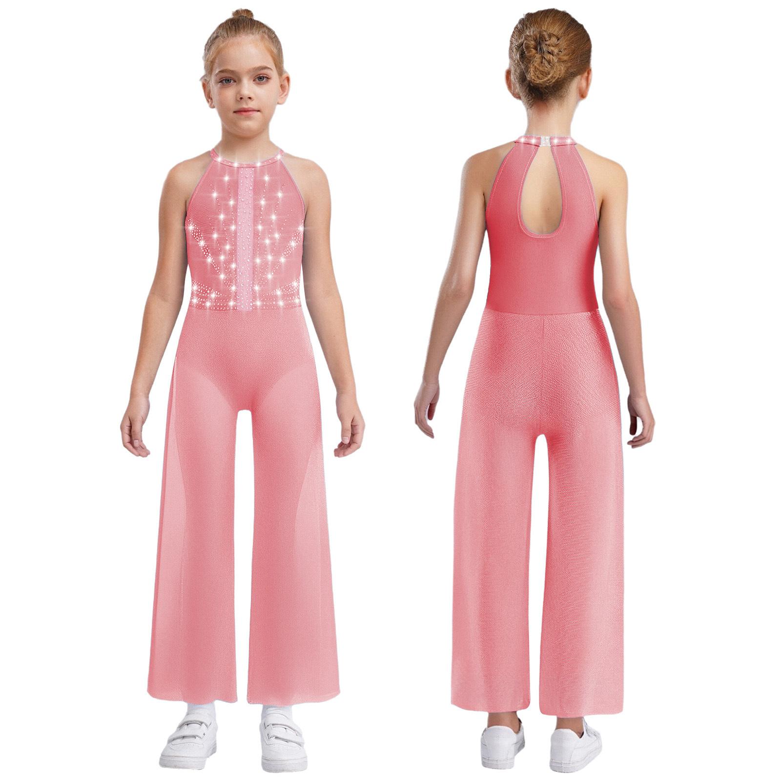 Mädchen Weitbeiniger Tanz-Jumpsuit Ärmellos Schlüssellochrücken Seitenschlitze Schimmernde Strasssteine Body Eingebauter Slip 11-12 Years von Joom DACH
