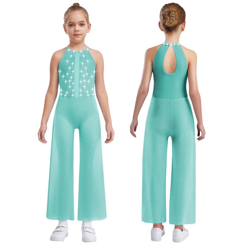 Mädchen Weitbeiniger Tanz-Jumpsuit Ärmellos Schlüssellochrücken Seitenschlitze Schimmernde Strasssteine Body Eingebauter Slip 5-6 Years hellgrüne von Joom DACH