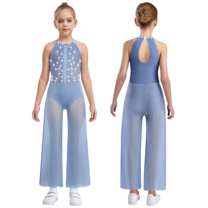 Mädchen Weitbeiniger Tanz-Jumpsuit Ärmellos Schlüssellochrücken Seitenschlitze Schimmernde Strasssteine Body Eingebauter Slip 7-8 Years blau von Joom DACH