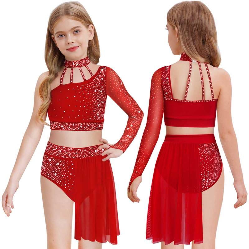 Mädchen Zeitgenössisches Tanzoutfit Ein Schulter Ärmel aus transparentem Netzstoff Strass Crop Top Asymmetrischer Rock 11-12 Years von Joom DACH