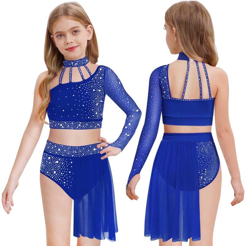 Mädchen Zeitgenössisches Tanzoutfit Ein Schulter Ärmel aus transparentem Netzstoff Strass Crop Top Asymmetrischer Rock 7-8 Years blau von Joom DACH