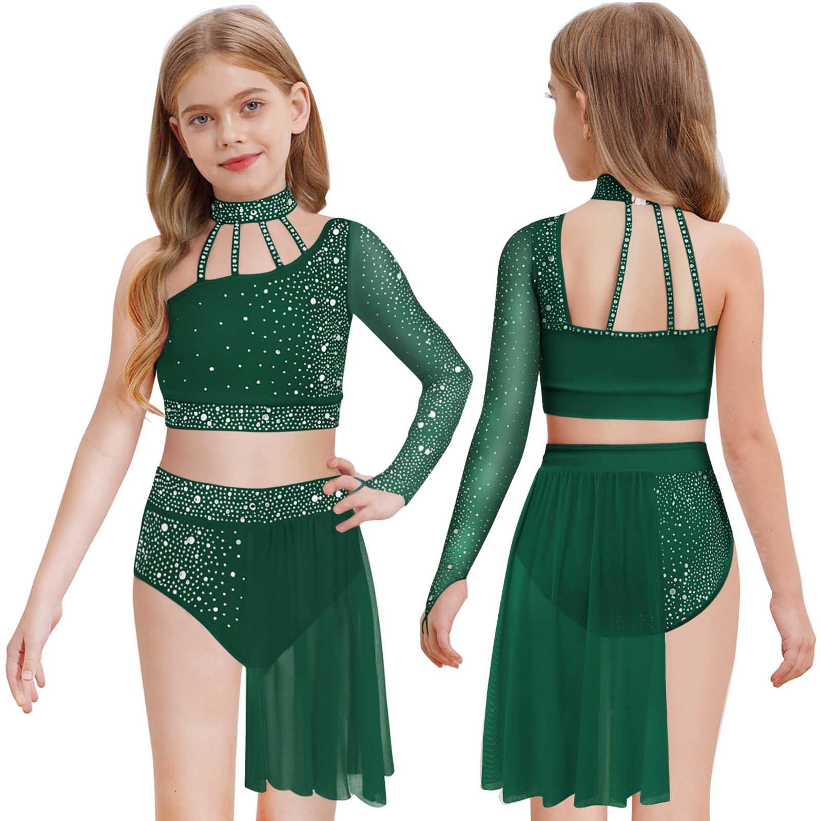Mädchen Zeitgenössisches Tanzoutfit Ein Schulter Ärmel aus transparentem Netzstoff Strass Crop Top Asymmetrischer Rock 7-8 Years dunkelgrüne von Joom DACH