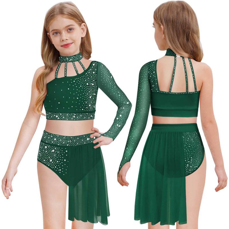 Mädchen Zeitgenössisches Tanzoutfit Ein Schulter Ärmel aus transparentem Netzstoff Strass Crop Top Asymmetrischer Rock 7-8 Years dunkelgrüne von Joom DACH