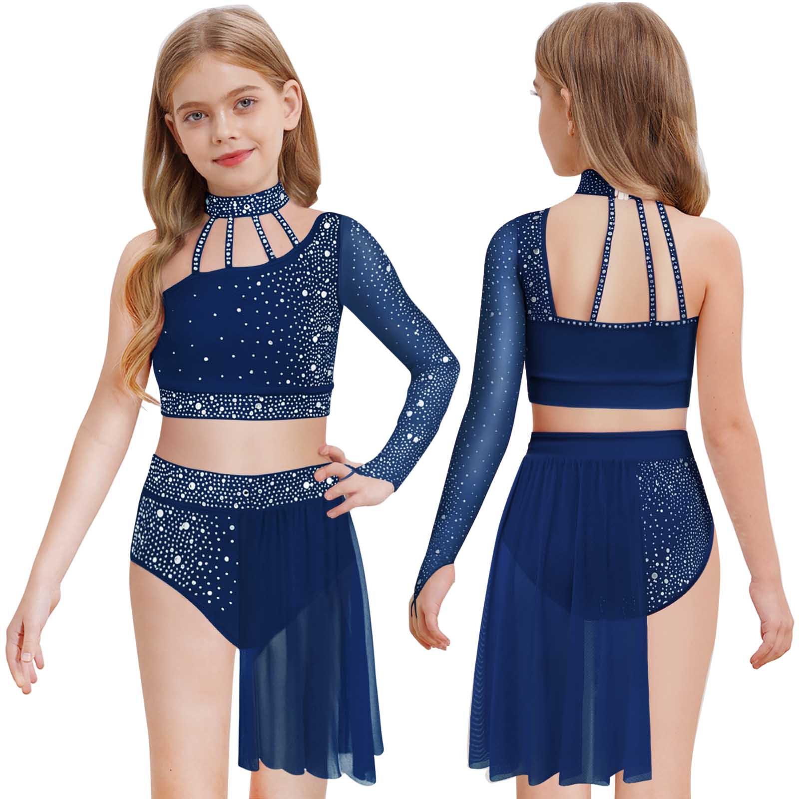 Mädchen Zeitgenössisches Tanzoutfit Ein Schulter Ärmel aus transparentem Netzstoff Strass Crop Top Asymmetrischer Rock 9-10 Years navy blau von Joom DACH