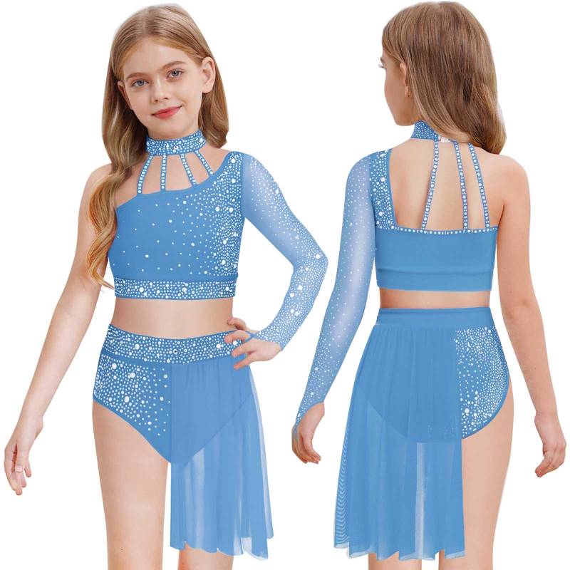 Mädchen Zeitgenössisches Tanzoutfit Ein Schulter Ärmel aus transparentem Netzstoff Strass Crop Top Asymmetrischer Rock 9-10 Years von Joom DACH