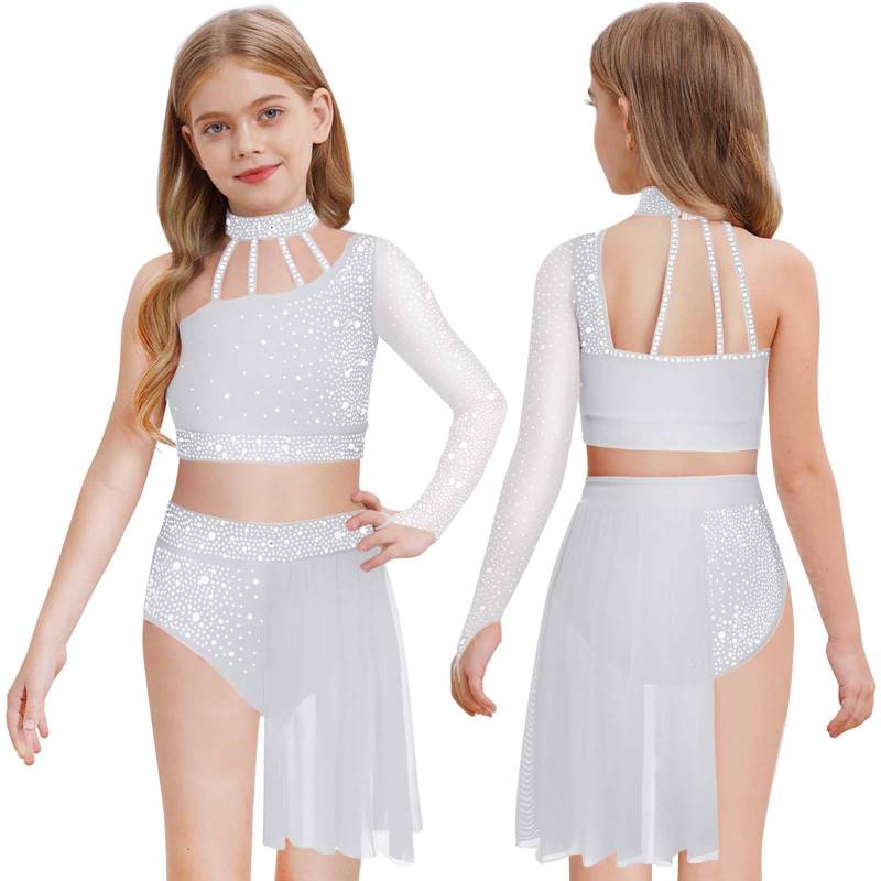 Mädchen Zeitgenössisches Tanzoutfit Ein Schulter Ärmel aus transparentem Netzstoff Strass Crop Top Asymmetrischer Rock 9-10 Years weiß von Joom DACH