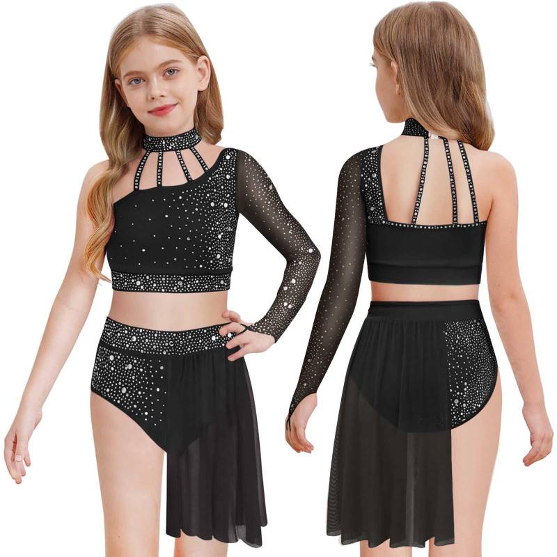 Mädchen Zeitgenössisches Tanzoutfit Ein Schulter Ärmel aus transparentem Netzstoff Strass Crop Top Asymmetrischer Rock 9-10 Years schwarz von Joom DACH