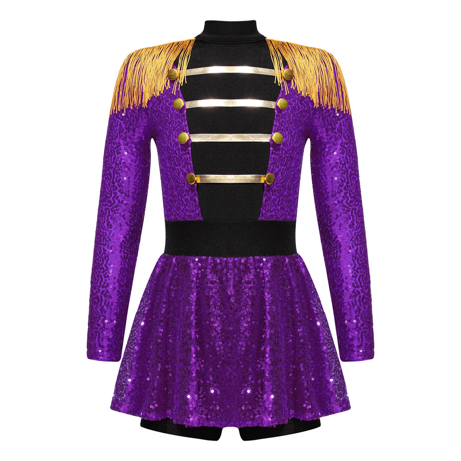 Mädchen Zirkusdirektorin Kostüm Langarm Quaste Epaulette Glänzende Pailletten Kleid Jumpsuit Halloween Tanzaufführung 13-14 Years violett von Joom DACH