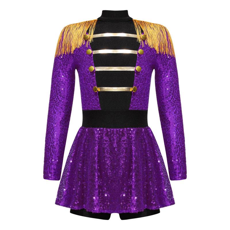 Mädchen Zirkusdirektorin Kostüm Langarm Quaste Epaulette Glänzende Pailletten Kleid Jumpsuit Halloween Tanzaufführung 13-14 Years violett von Joom DACH